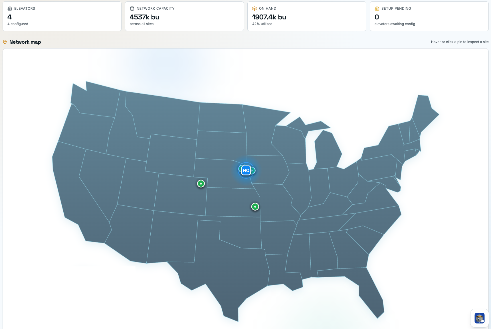 BinFlow HQ — network map with elevator capacity and on-hand bushels